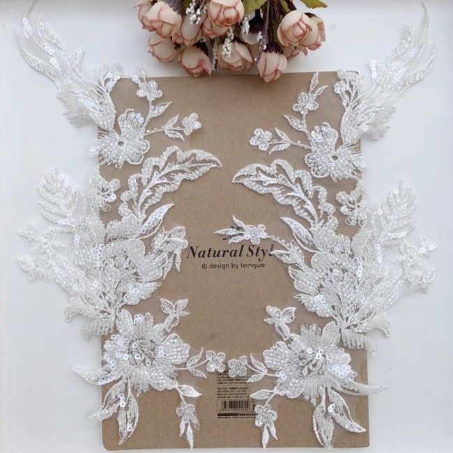 2 Pieces White Sequined Beaded Embroidered Bridal Lace Applique Material SDY004