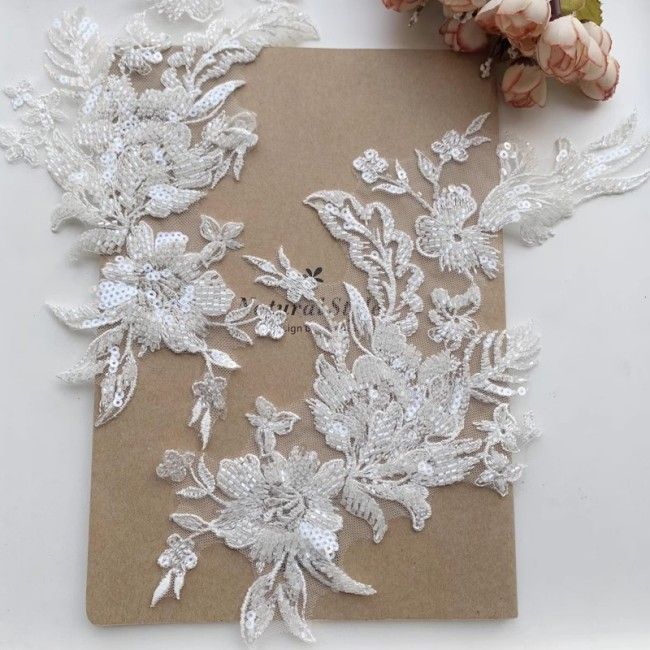 2 Pieces White Sequined Beaded Embroidered Bridal Lace Applique Material SDY004