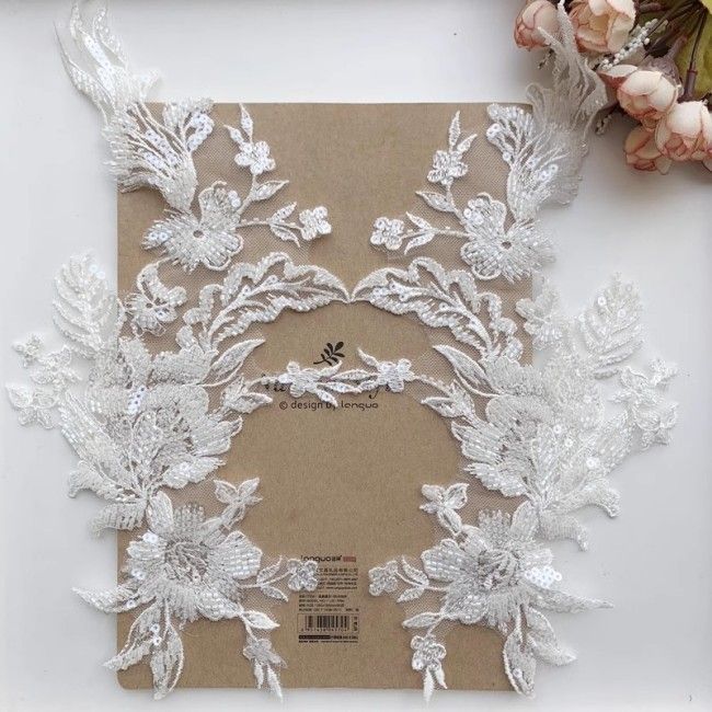 2 Pieces White Sequined Beaded Embroidered Bridal Lace Applique Material SDY004