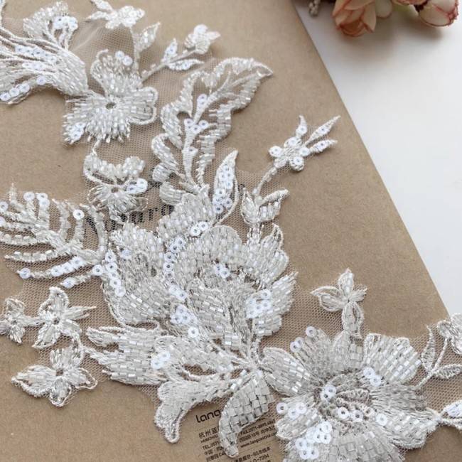2 Pieces White Sequined Beaded Embroidered Bridal Lace Applique Material SDY004