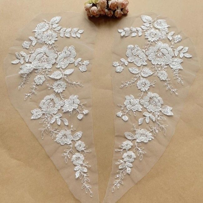 2 Pieces White Sequined Beaded Embroidered Bridal Lace Applique Material SDY006