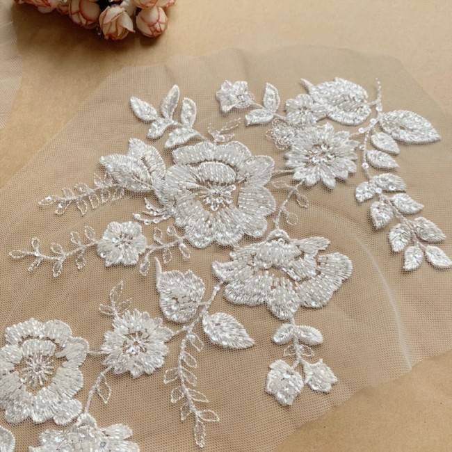 2 Pieces White Sequined Beaded Embroidered Bridal Lace Applique Material SDY006