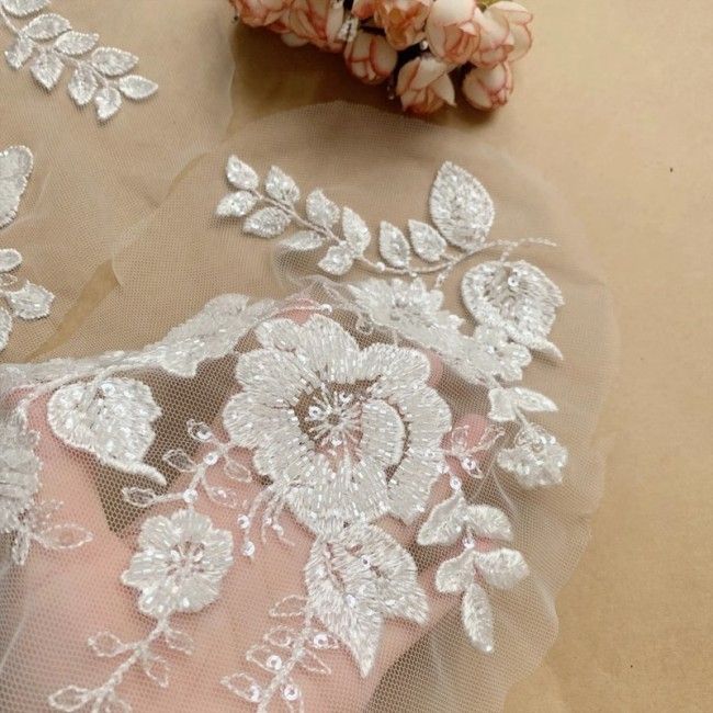 2 Pieces White Sequined Beaded Embroidered Bridal Lace Applique Material SDY006