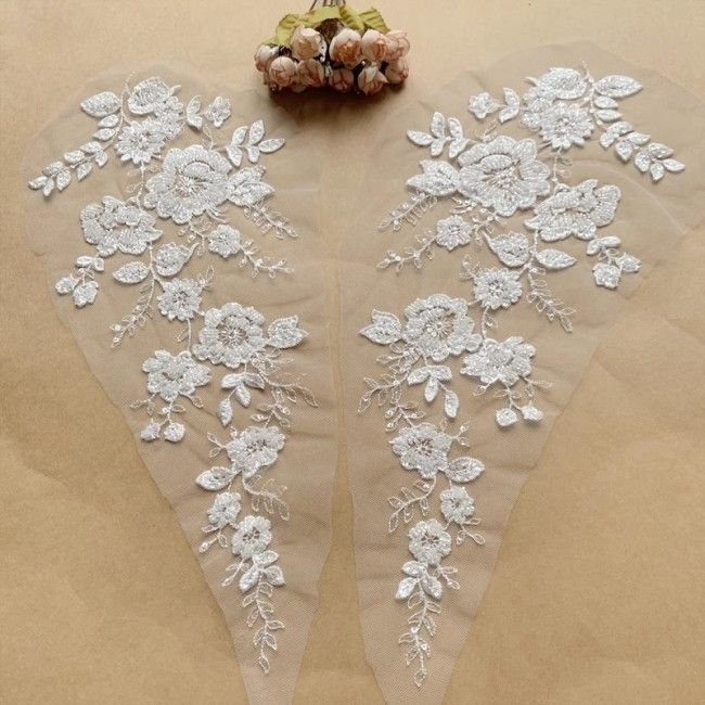 2 Pieces White Sequined Beaded Embroidered Bridal Lace Applique Material SDY006