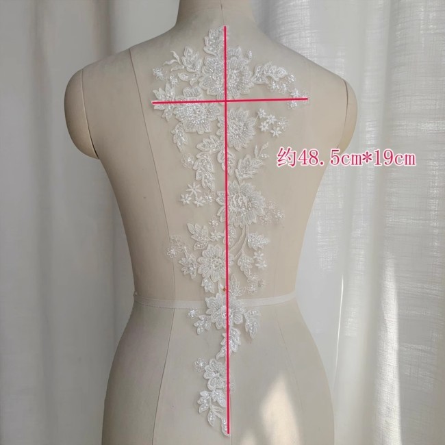 2 Pieces White Sequined Beaded Embroidered Bridal Lace Applique Material SDY007