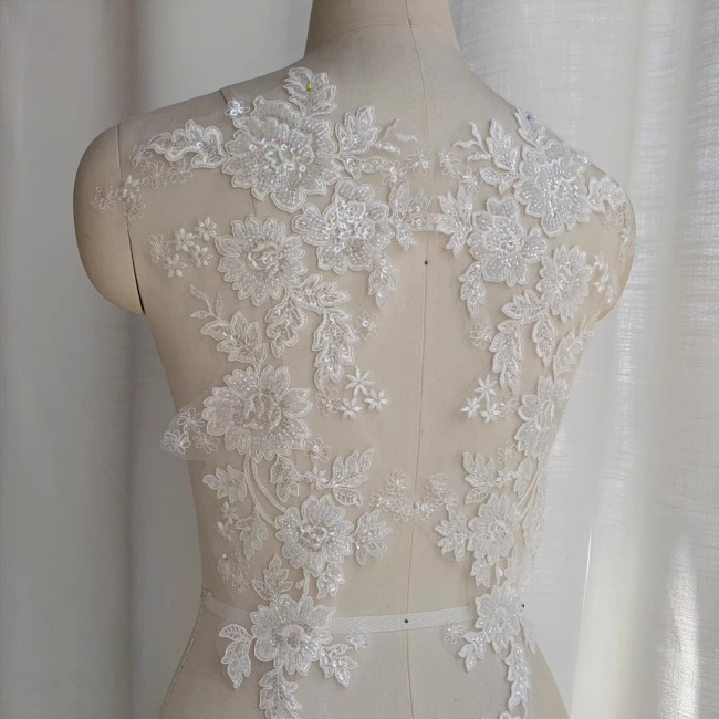 2 Pieces White Sequined Beaded Embroidered Bridal Lace Applique Material SDY007