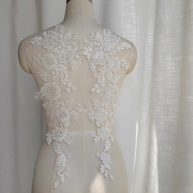 2 Pieces White Sequined Beaded Embroidered Bridal Lace Applique Material SDY007