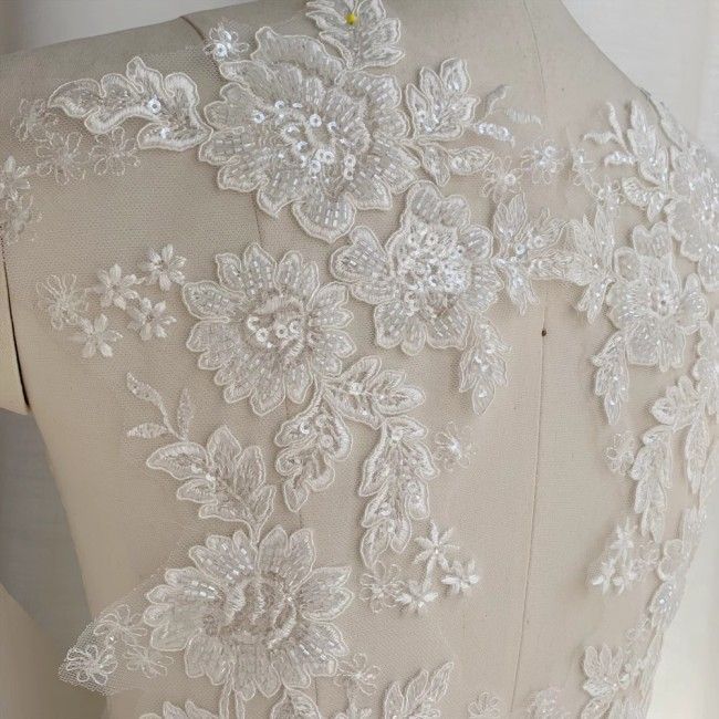 2 Pieces White Sequined Beaded Embroidered Bridal Lace Applique Material SDY007