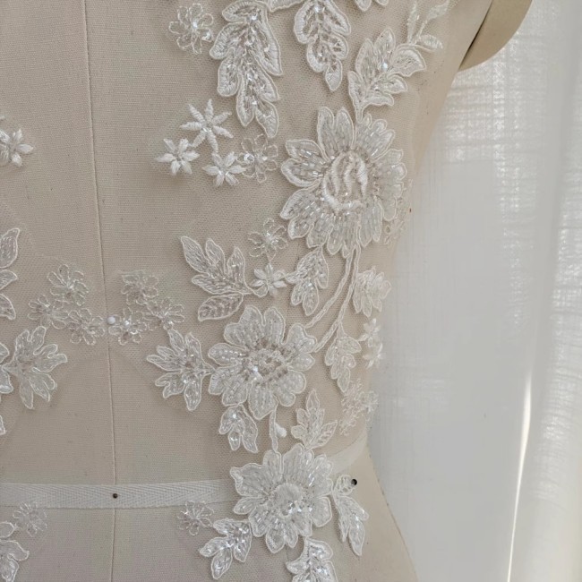 2 Pieces White Sequined Beaded Embroidered Bridal Lace Applique Material SDY007