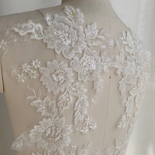 2 Pieces White Sequined Beaded Embroidered Bridal Lace Applique Material SDY007