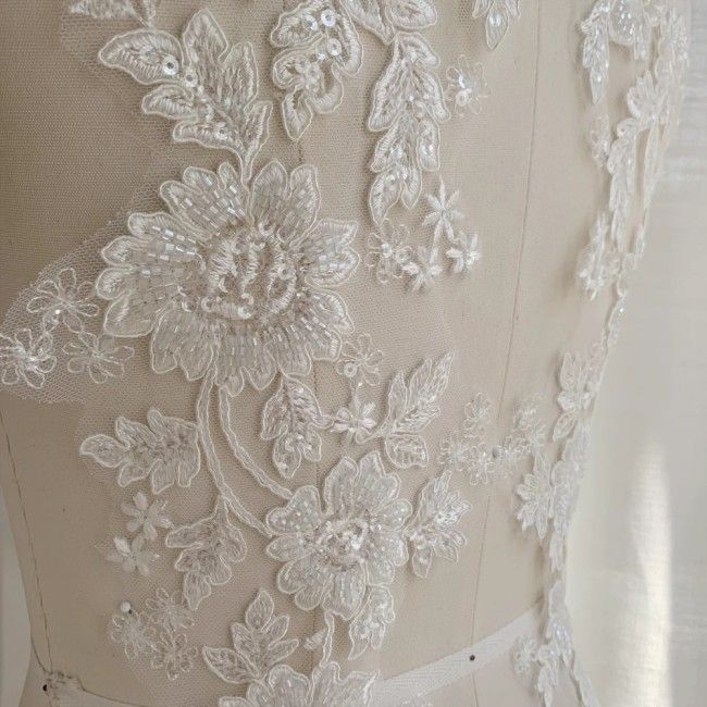 2 Pieces White Sequined Beaded Embroidered Bridal Lace Applique Material SDY007