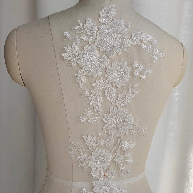 2 Pieces White Sequined Beaded Embroidered Bridal Lace Applique Material SDY007