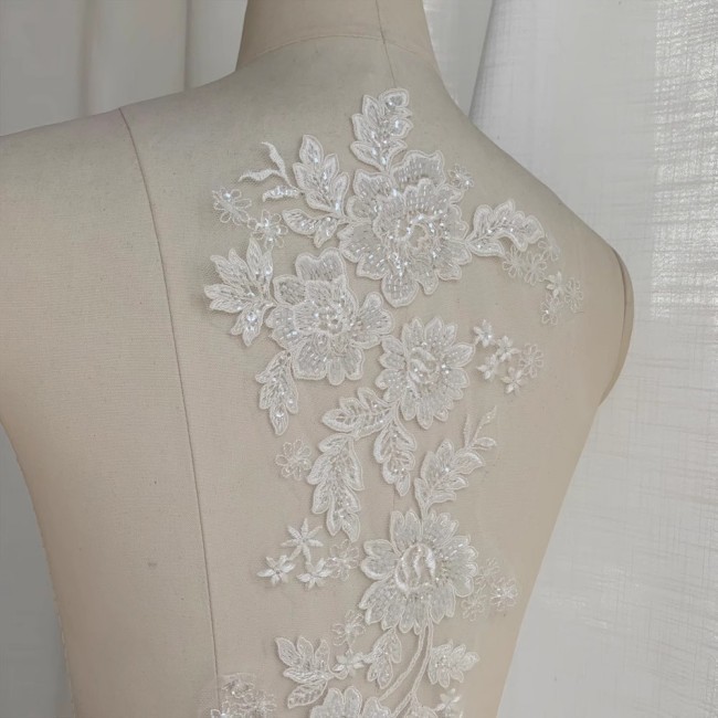 2 Pieces White Sequined Beaded Embroidered Bridal Lace Applique Material SDY007