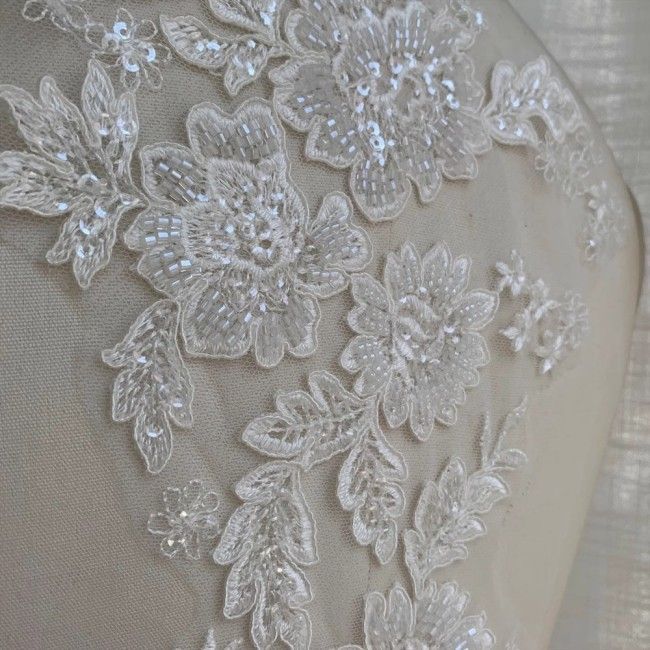 2 Pieces White Sequined Beaded Embroidered Bridal Lace Applique Material SDY007