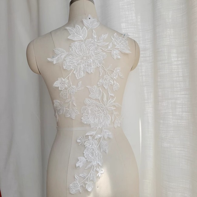 2 Pieces White Sequined Beaded Embroidered Bridal Lace Applique Material SDY008