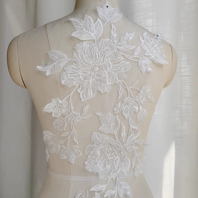 2 Pieces White Sequined Beaded Embroidered Bridal Lace Applique Material SDY008