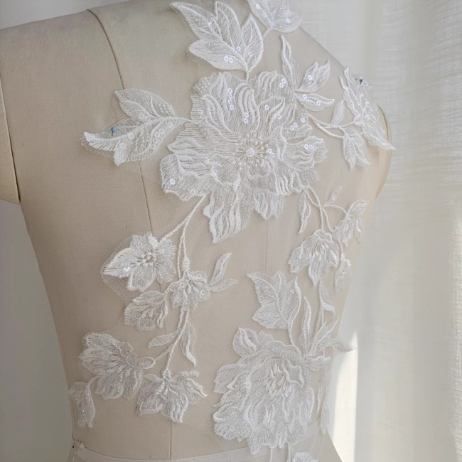 2 Pieces White Sequined Beaded Embroidered Bridal Lace Applique Material SDY008