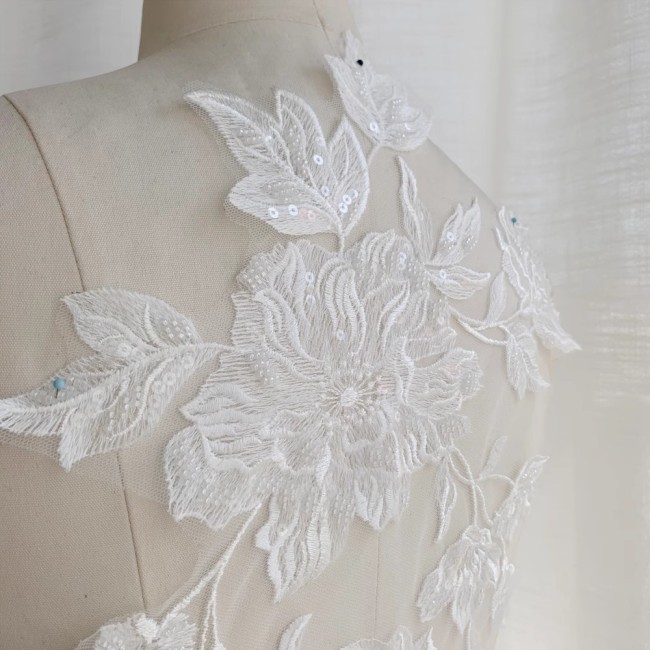 2 Pieces White Sequined Beaded Embroidered Bridal Lace Applique Material SDY008