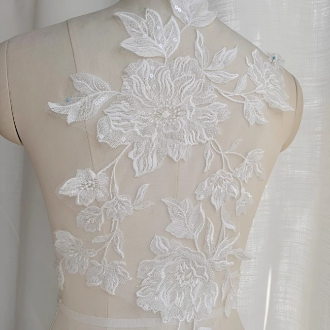 2 Pieces White Sequined Beaded Embroidered Bridal Lace Applique Material SDY008