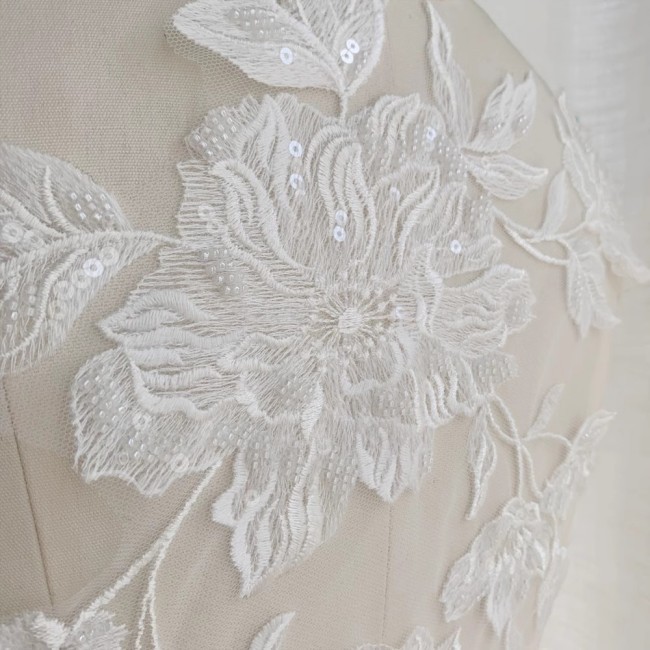 2 Pieces White Sequined Beaded Embroidered Bridal Lace Applique Material SDY008