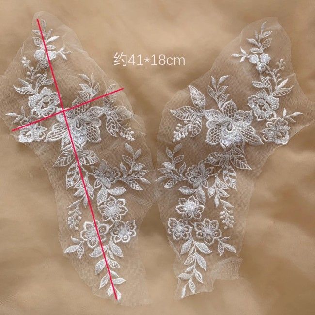 2 Pieces White Sequined Beaded Embroidered Bridal Lace Applique Material SDY009