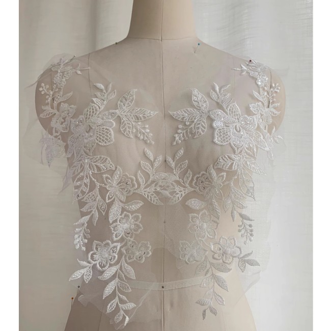 2 Pieces White Sequined Beaded Embroidered Bridal Lace Applique Material SDY009