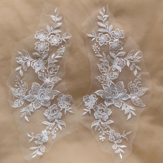 2 Pieces White Sequined Beaded Embroidered Bridal Lace Applique Material SDY009