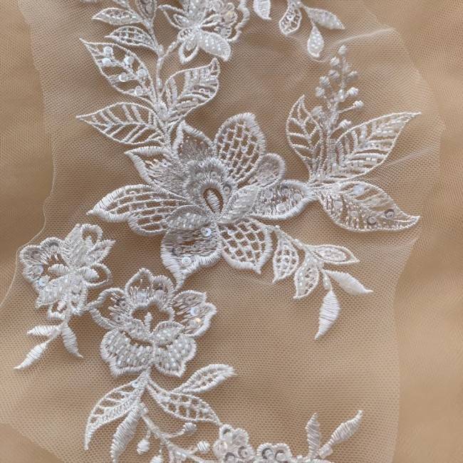 2 Pieces White Sequined Beaded Embroidered Bridal Lace Applique Material SDY009