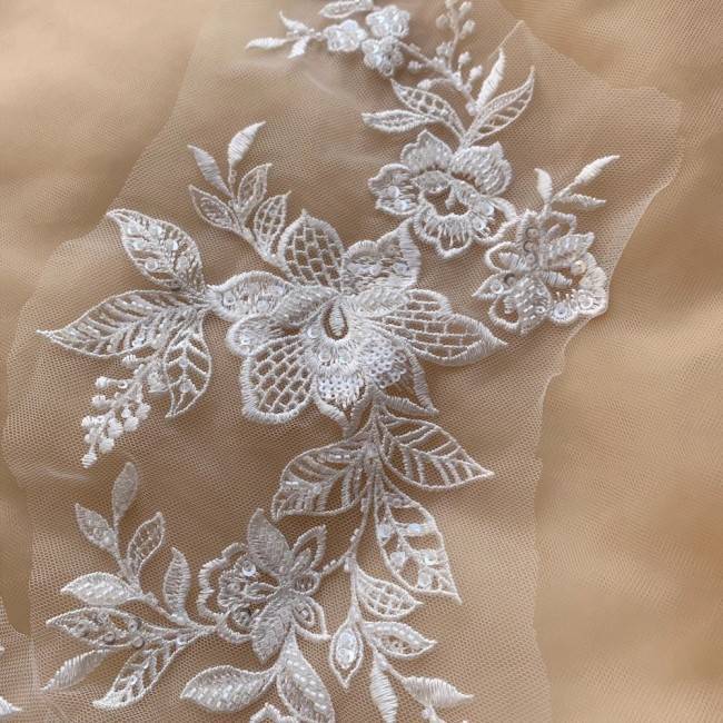 2 Pieces White Sequined Beaded Embroidered Bridal Lace Applique Material SDY009