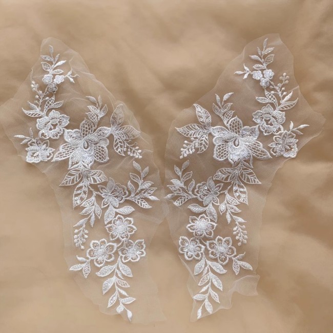 2 Pieces White Sequined Beaded Embroidered Bridal Lace Applique Material SDY009