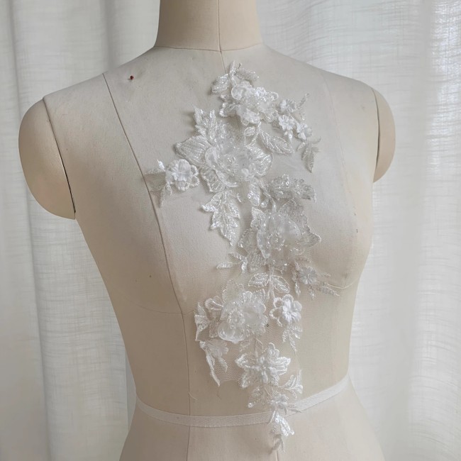 2 Pieces White Sequined Beaded Embroidered Bridal Lace Applique Material SDY010