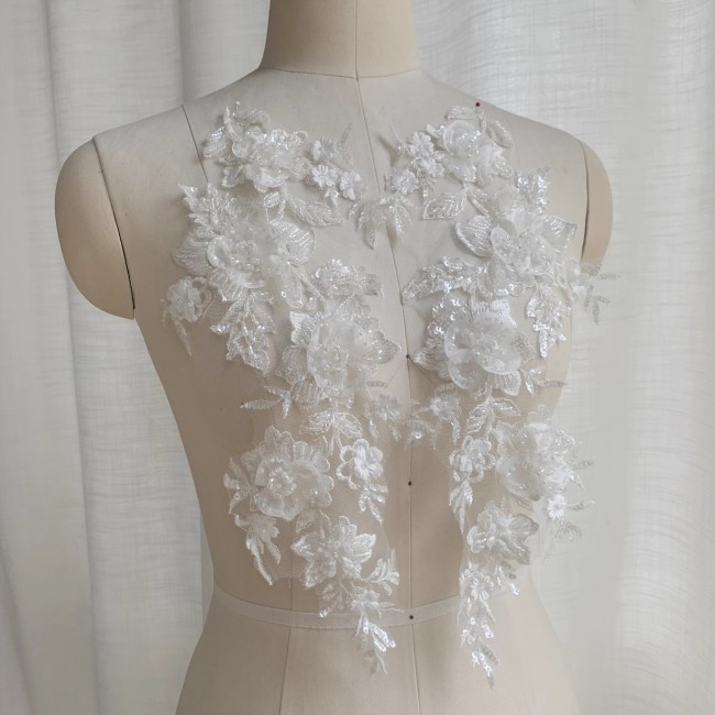 2 Pieces White Sequined Beaded Embroidered Bridal Lace Applique Material SDY010