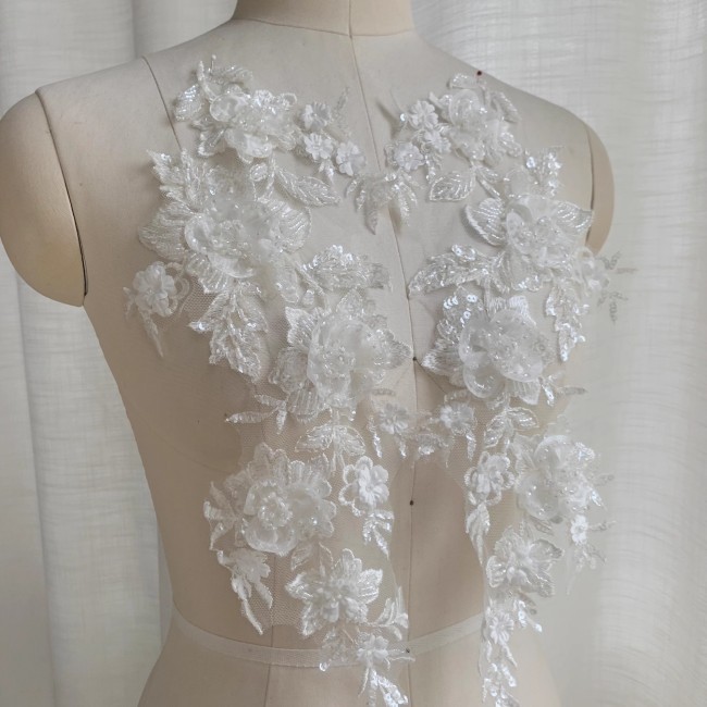2 Pieces White Sequined Beaded Embroidered Bridal Lace Applique Material SDY010