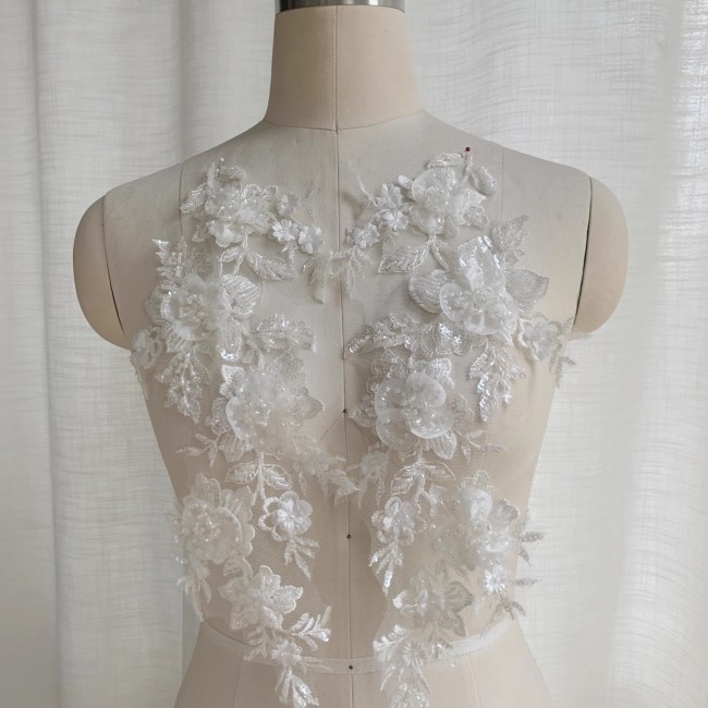 2 Pieces White Sequined Beaded Embroidered Bridal Lace Applique Material SDY010
