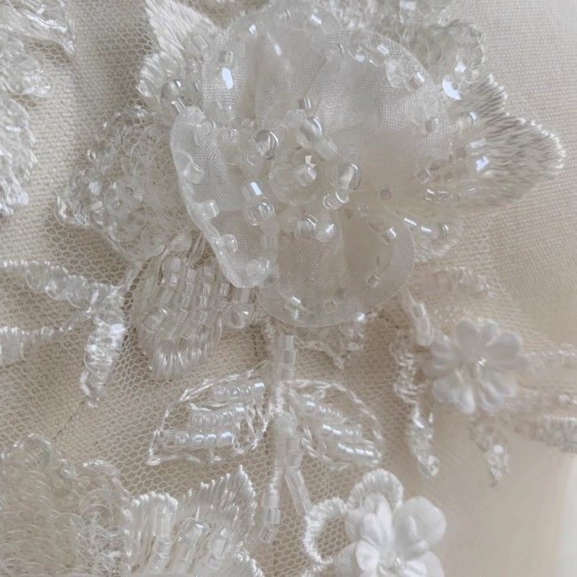 2 Pieces White Sequined Beaded Embroidered Bridal Lace Applique Material SDY010