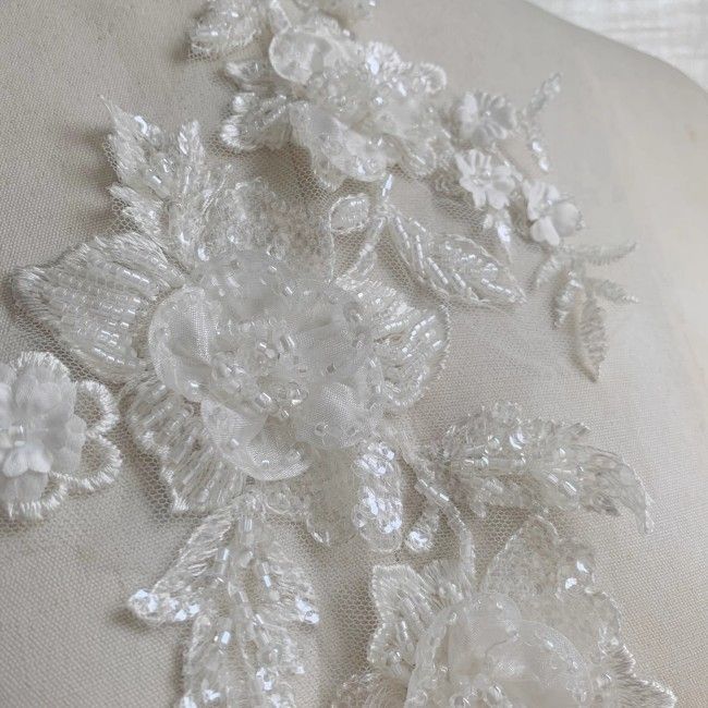 2 Pieces White Sequined Beaded Embroidered Bridal Lace Applique Material SDY010