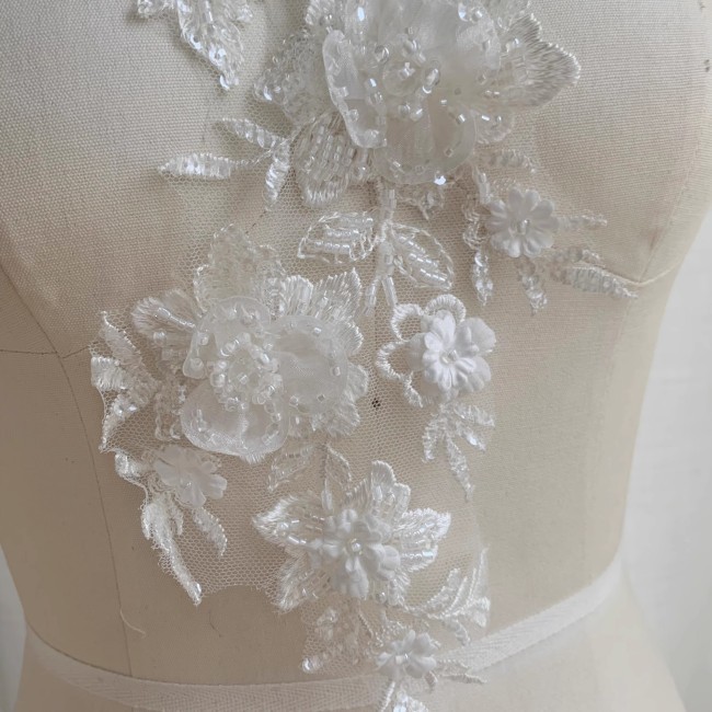 2 Pieces White Sequined Beaded Embroidered Bridal Lace Applique Material SDY010