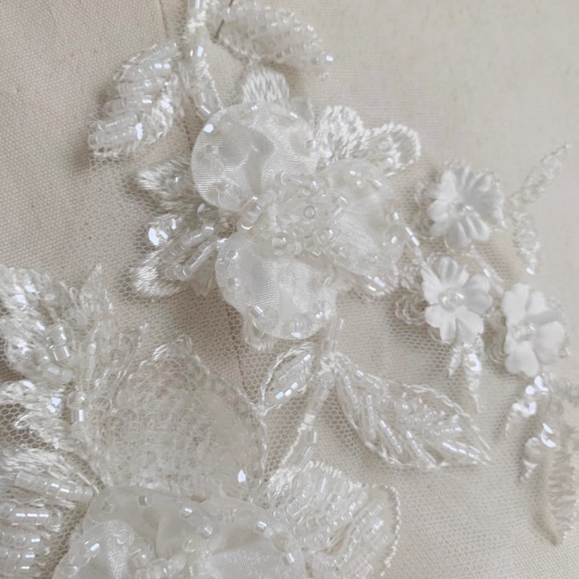 2 Pieces White Sequined Beaded Embroidered Bridal Lace Applique Material SDY010