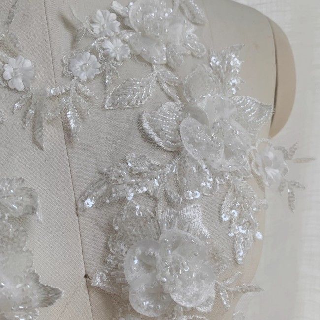 2 Pieces White Sequined Beaded Embroidered Bridal Lace Applique Material SDY010