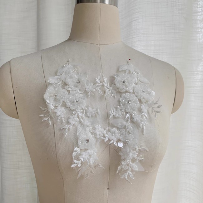 2 Pieces White Sequined Beaded Embroidered Bridal Lace Applique Material SDY011