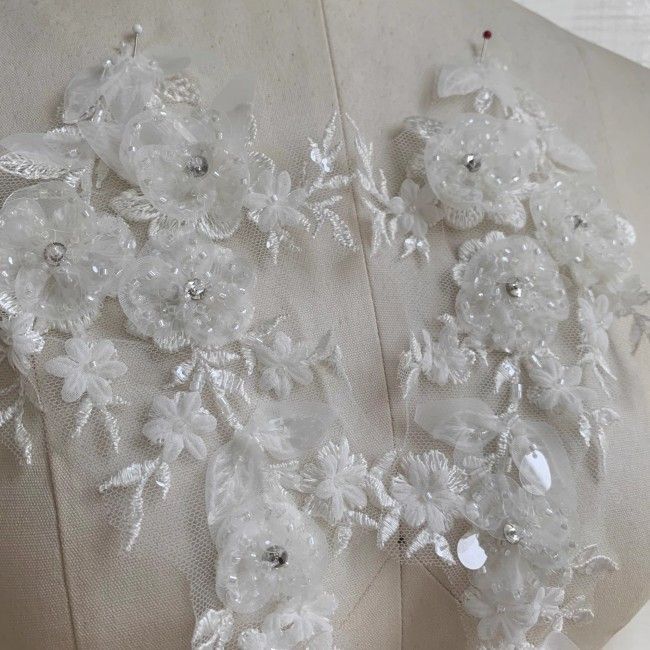 2 Pieces White Sequined Beaded Embroidered Bridal Lace Applique Material SDY011