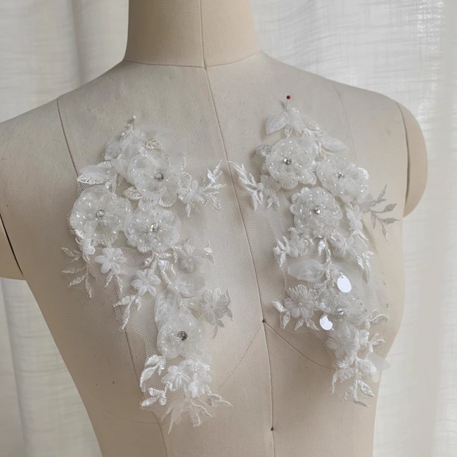 2 Pieces White Sequined Beaded Embroidered Bridal Lace Applique Material SDY011