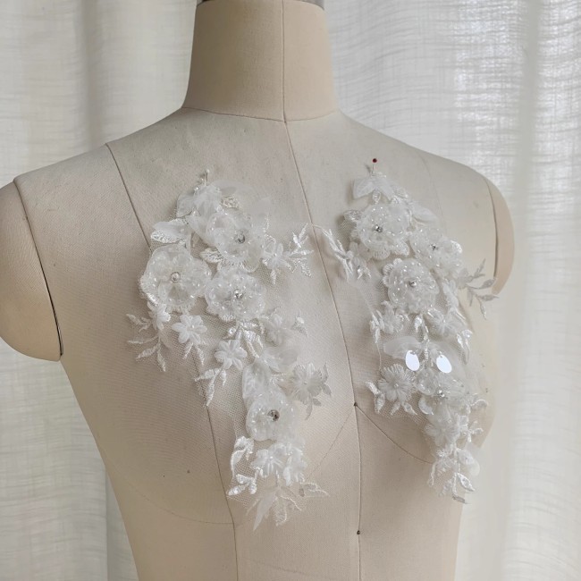 2 Pieces White Sequined Beaded Embroidered Bridal Lace Applique Material SDY011