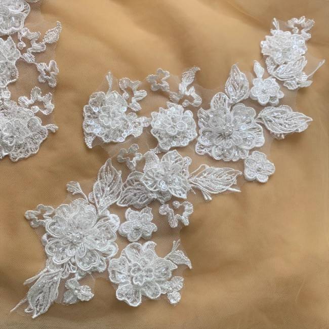 2 Pieces White Sequined Beaded Embroidered Bridal Lace Applique Material SDY013