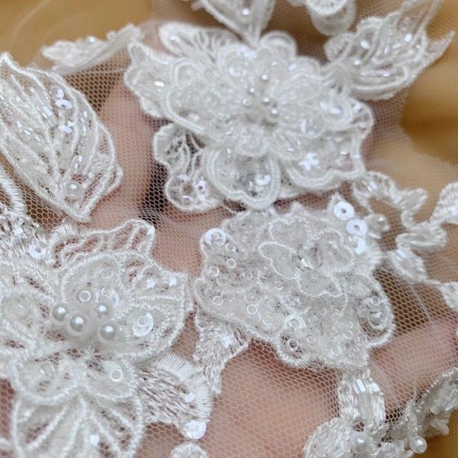 2 Pieces White Sequined Beaded Embroidered Bridal Lace Applique Material SDY013