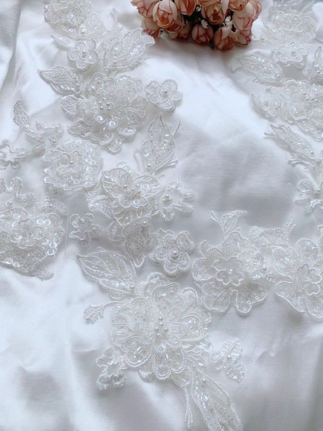 2 Pieces White Sequined Beaded Embroidered Bridal Lace Applique Material SDY013