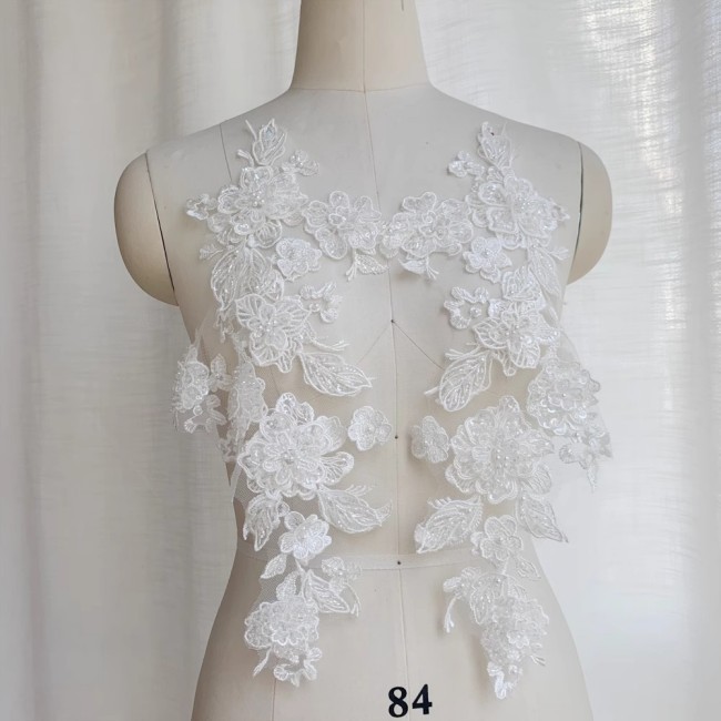 2 Pieces White Sequined Beaded Embroidered Bridal Lace Applique Material SDY013