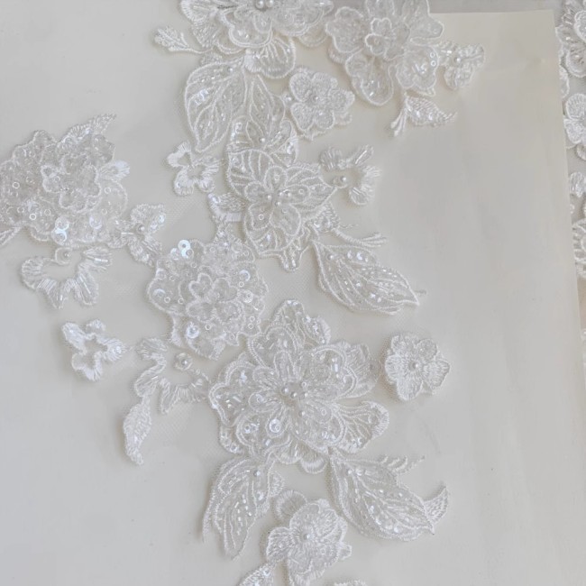 2 Pieces White Sequined Beaded Embroidered Bridal Lace Applique Material SDY013