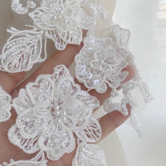 2 Pieces White Sequined Beaded Embroidered Bridal Lace Applique Material SDY013