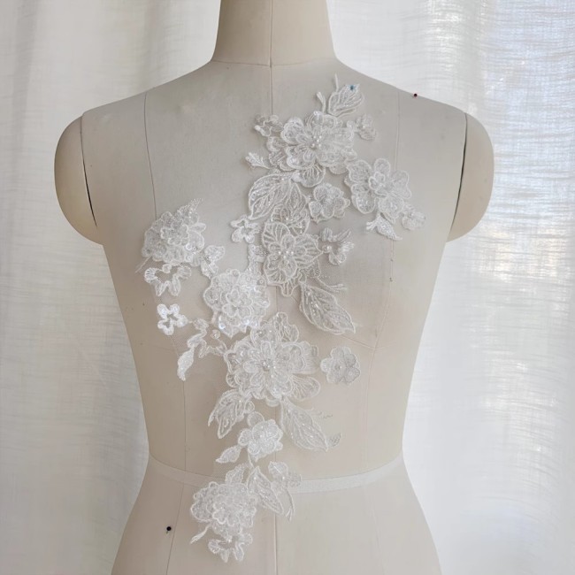 2 Pieces White Sequined Beaded Embroidered Bridal Lace Applique Material SDY013